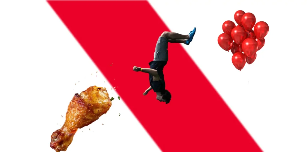 Fried chicken, a person doing a backflip, and balloons at Kyra Food Street
