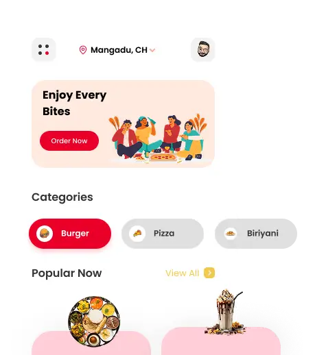 Kyra Food Street mobile app menu interface showing categories and popular food