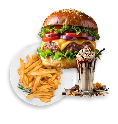Burger, fries, and chocolate milkshake combo.