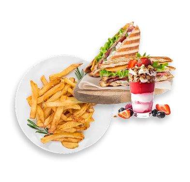 Grilled sandwich with fries and a creamy dessert parfait.