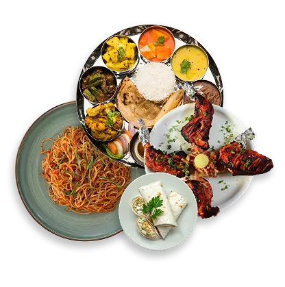 Thali with vegetables, rice, tandoori chicken, noodles, and wraps at Kyra Food Street.