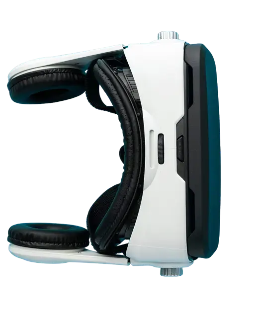 Top view of a virtual reality headset with a joystick, showing the intricate design.