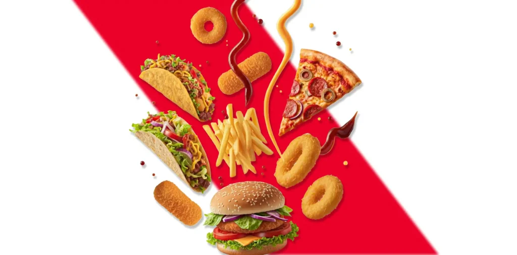 "Delicious food items at Kyra Food Street including tacos, pizza, fries, and a burger."