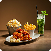 "Chicken popcorn, French fries, and mojito combo served at Kyra Food Street Chennai"